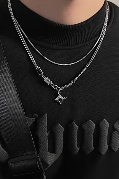 ZEYZON Lucky Star Çift Katmanlı Erkek Kolyesi, Trendy Kazak Zinciri, Benzersi...