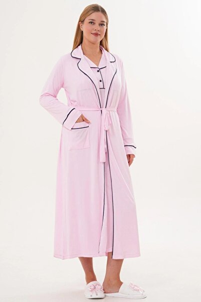 By Mecit Pijama Women's Shirt Collar Long Sleeve Dressing Gown Nightgown 2-Piece Set 65% Cotton 35% Viscose