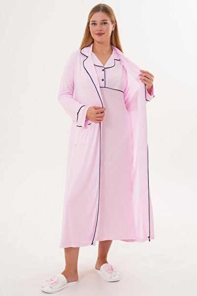 By Mecit Pijama Women's Shirt Collar Long Sleeve Dressing Gown Nightgown 2-Piece Set 65% Cotton 35% Viscose