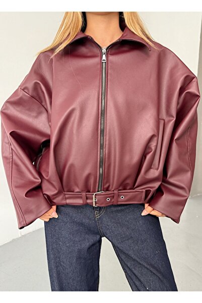 BASEL.CO Bloom Belt Detailed Viral Oversized Leather Jacket