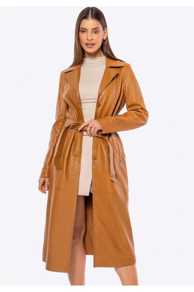Wittchen Palton lung din piele de oaie pentru femei, din piele caramel