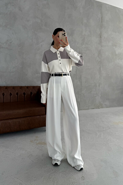 Seda Yalçın Atelier White Palazzo Trousers with Cuff Detail