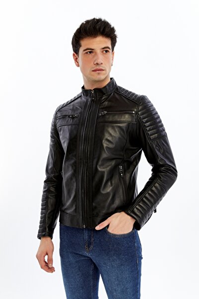 KENDE Alex Men's Biker Mock Neck Genuine Leather Black and Brown Coat
