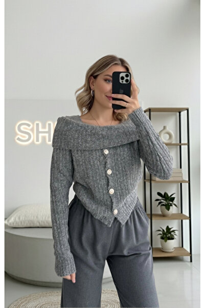 SHILSEE BEUTİQUE Women's Open Shoulder Buttoned Knitwear Sweater Gray
