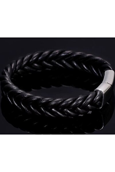 voyageaccessory Stylish Model Men's Braided Leather Bracelet with Magnetic Steel Lock, Available in Brown & Black Colors