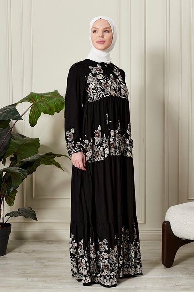 fistan Skirt Layered Flower Patterned Gypsy Viscose Dress Hijab Dress Mother's Dress Prayer Dress