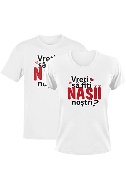 Tricou Destept Set de 2 tricouri personalizate „Vei fi nașii noștri?”, alb, L