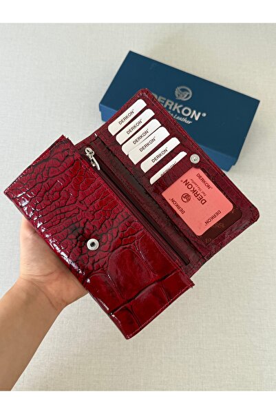 DERKON Crocodile Patterned Genuine Leather Women's Wallet with Plenty of Eyelets, Burgundy