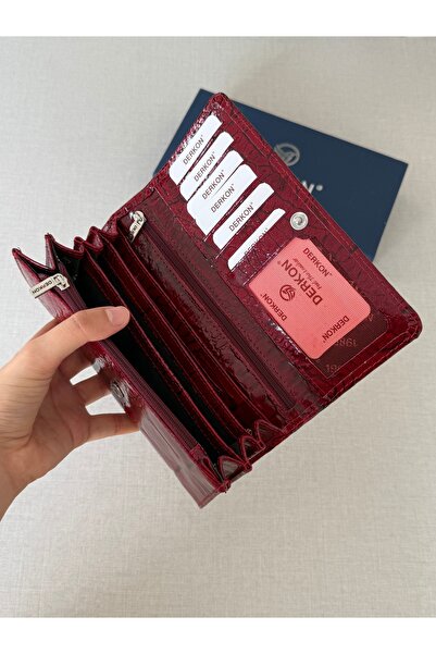 DERKON Crocodile Patterned Genuine Leather Women's Wallet with Plenty of Eyelets, Burgundy