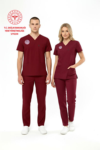 Class Üniforma Bordo Hastane Forması Likralı Scrubs Kadın (Yeni Yönetmeliğe Uygun - Biking Red)