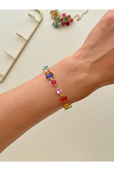 YOUES JEWELRY سوار جيما من الفولاذ 316L مع أحجار زركون ملونة ذهبية اللون