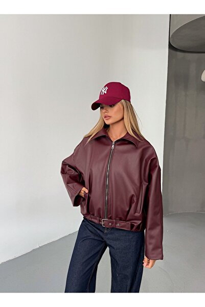 BASEL.CO Bloom Belt Detailed Viral Oversized Leather Jacket