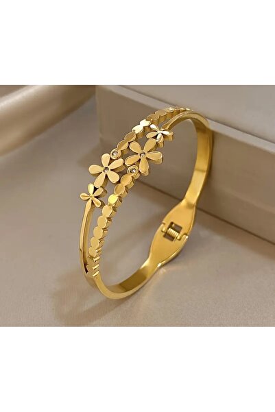 Visale Store Gold Color Flower Detailed Women's Steel Bracelet