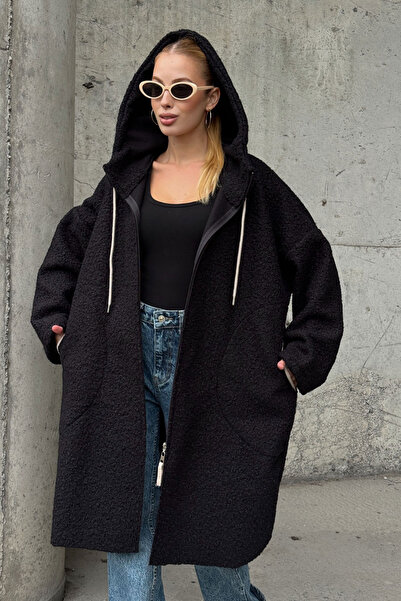 bacc Kadın Siyah Kapüşonlu Çift Cepli Oversize Buklet Ceket Kaban BCVL-25V606