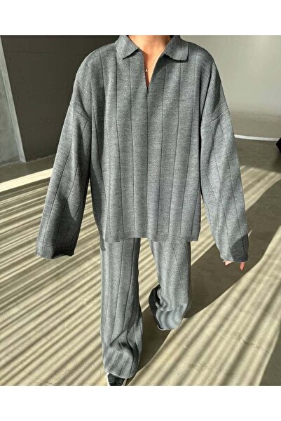 asur boutique Asur Boutique Women's Dark Anthracite Color Polo Neck Standard Size Knitwear Set