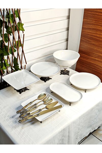 SEÇKİNEV Nervio 11 Parça Ayaklı Servis Setli (Gold&Gümüş&Antik) Masa Sunum Ta...