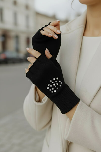 Netodak Kadın Eldiven – Parmaksız Kesik Model, Zarif Taşlı ve İnci Detaylı Ta...