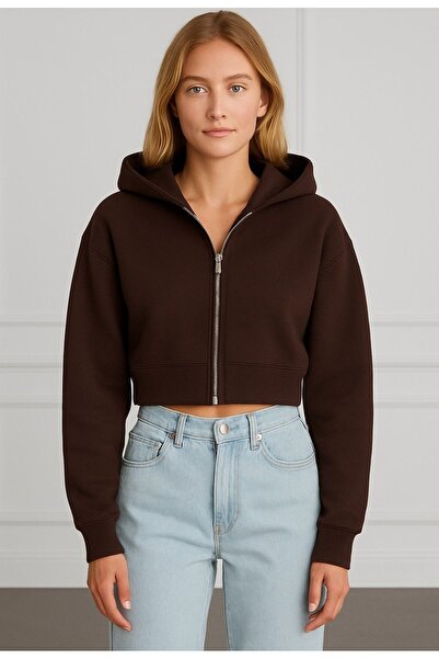 LUSHN سترة نسائية ذات قلنسوة وسحاب بلون بني غامق وتصميم فضفاض وقصير