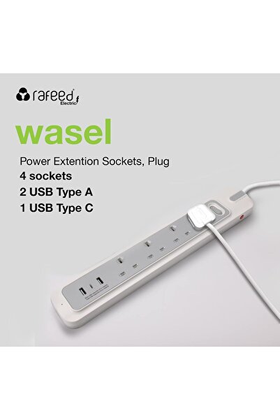 RAFEED Ravid 3m Extension Cable, 4 Plugs, 3250W, 2 x USB-A, 1 x USB-C (WA50002)