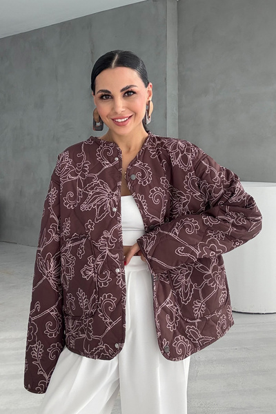 Seda Yalçın Atelier Καφέ καπιτονέ παλτό με έθνικ σχέδιο