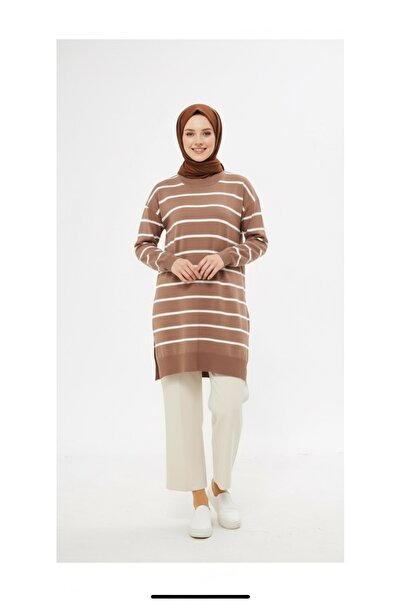 Minharir Tesettür Çizgili Triko Tunik – Kadın Oversize Uzun Rahat Kalıp
