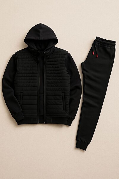 NewCabin New Season Basic Quilted Vest & Winter Sweatpants & Hooded 3 Thread Sweatshirt 3-Piece Set