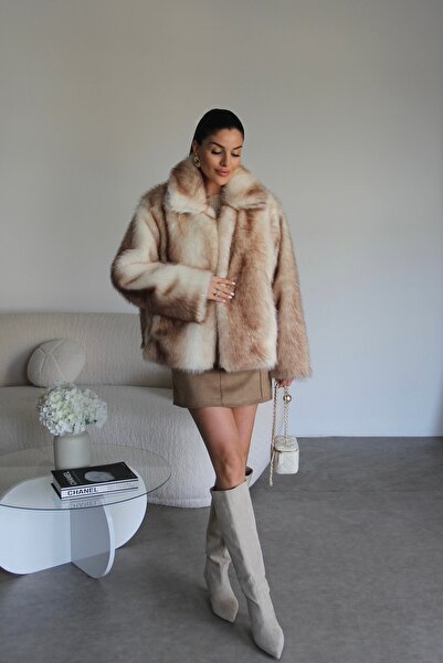 Julidress Екру кафе с мотиви на джобове и поло яка Премиум кожено палто