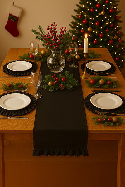 Misue Handmade Ruffled Black Placemat and Runner Set, 100% Cotton Black 8+1 A...