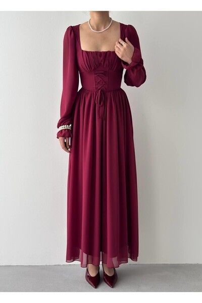 Mostpera Kare Yaka Uzun Kollu Tamo Korsaj Bağlama Maxi Elbise