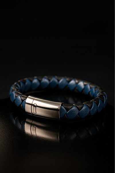 voyageaccessory Stylish Magnetic Steel Clip Blue & Black Mesh Design Men's Leather Bracelet