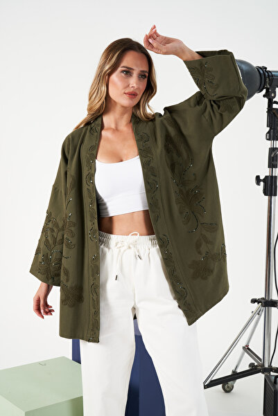 MİA NOURA Women's Oversize Kimono with Embroidered Sleeves and Front