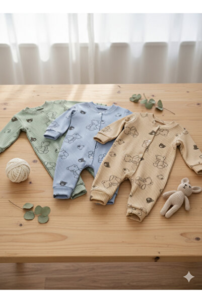 bebedino Yeni Doğan Bebek Tulum Seti 3’lü | Ayıcıklı Set - Patiksiz | %100 Pamuk, Anti Alerjik | 0-3 & 3-6 Ay