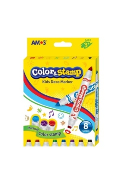 Amos Markere colorate CS8P, 2 vârfuri, 8 culori, cu ștampile, carton blister