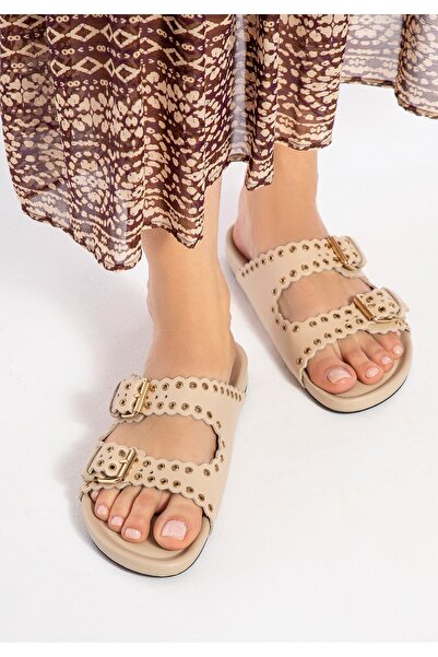 Wittchen Șlapi din piele pentru femei cu barete decorative, bej, piele