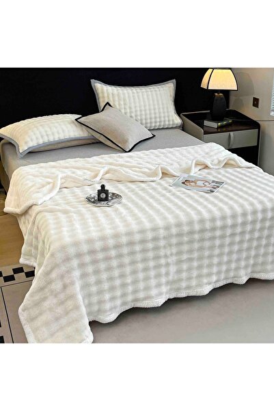 JOJO HOME Fluffy cocolino blanket, with white border, 200x230cm, Cream