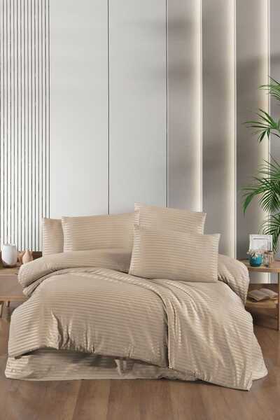 TakÇalıştır Stripe Saten Line Double Duvet Cover Set Beige