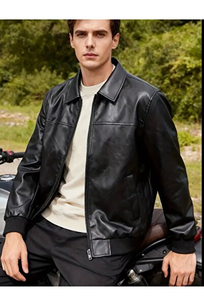 BASEL.CO Basic Slim Fit Polo Collar Leather Jacket