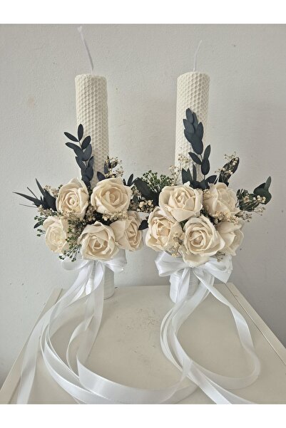 Yellow Tulip Set 2 lumanari cununie/nunta 40 cm, flori sola nemuritoare, gypsophila criogenata,plante stabilizate