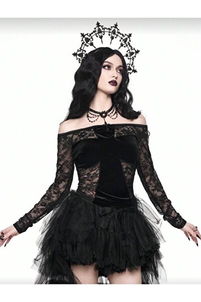 DarkellaStore Bluză cu mânecă lungă, cu guler Madonna, cu detaliu de cruce di...