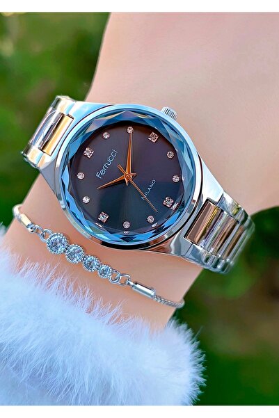 Ferrucci Cut Glass Steel Cord Stone Women's Wristwatch with Bracelet Gift