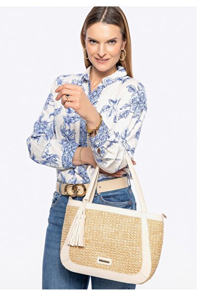 Wittchen Geantă de umăr pentru femei din material țesut bej și crem, poliuret...