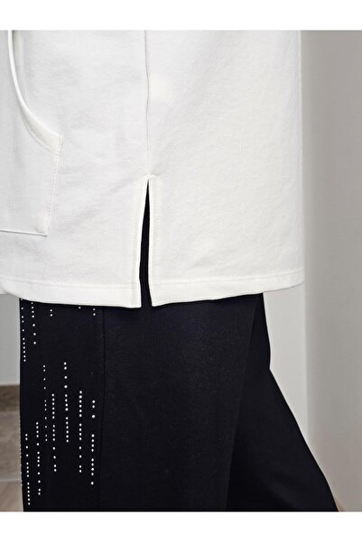 Felix Butik FELİX14053 Kapüşonlu Fermuarlı Kanguru Cep Büyük Beden Ekru Sweat Ceket