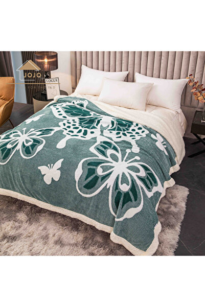 JOJO HOME Fluffy cocolino blanket with fur, 3D butterfly print, 200x230cm, Green