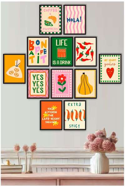 UNT Renkli Retro Yazılı 12’li Mutfak ve Kafe Duvar Tablo Seti – MDF Üzeri UV Baskı 15x20 cm