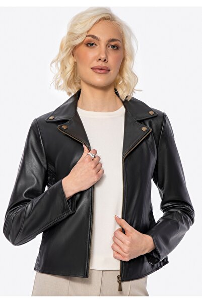 Wittchen Geacă de piele pentru femei cu cusături, neagră, piele