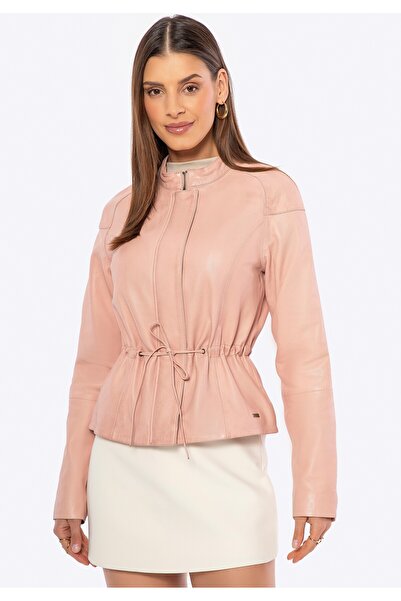 Wittchen Geacă de piele pentru femei cu curea în talie roz