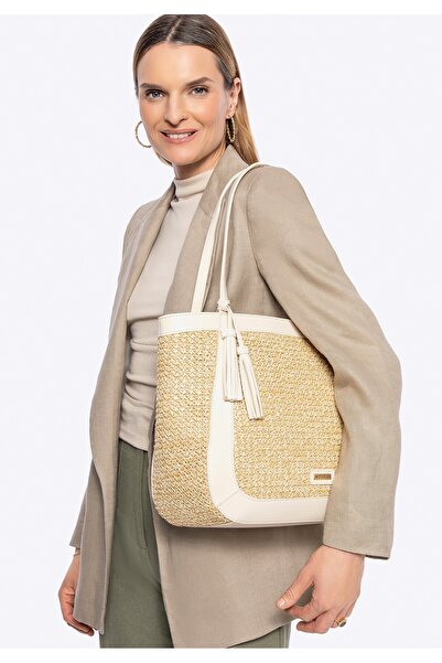 Wittchen Women's -leather and braided shopper bag, beige and cream, beige and...