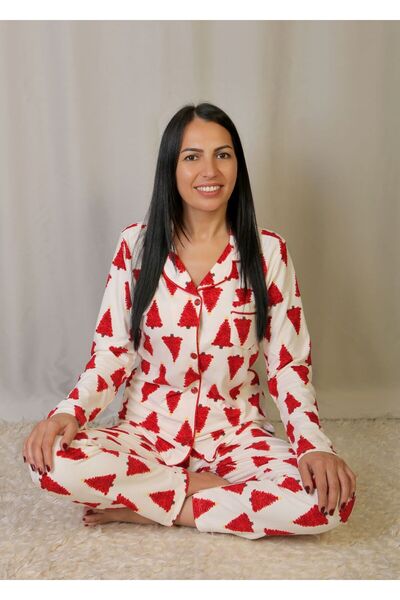 emsal özgür tekstil Red Pine Tree Patterned Shirt Collar Pajama Set for Comfo...