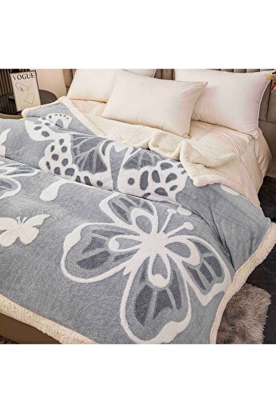 JOJO HOME Cocolino fluffy blanket with fur, 3D butterfly print, 200x230cm, Blue