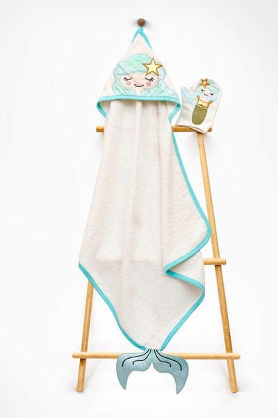 Babyline Aş منشفة أطفال قطنية 100% مطرزة بتصميم حورية البحر